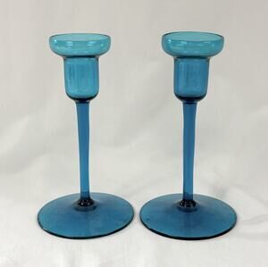 Vintage Pair Turquoise Teal Glass Candlestick Holders Bubble Rim MCM 6.25”